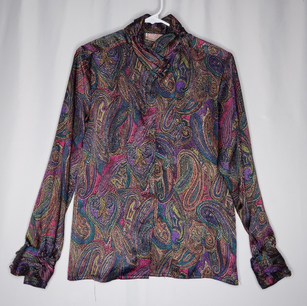 Tess 70s Button Top Women 4 Mock Multicolor Paisley Satin Shiny Old Money Glam